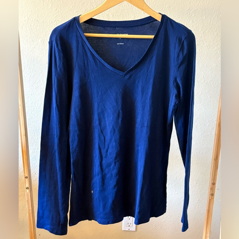 Liz Claiborne | Deep Blue Long Sleeve V-Neck Top | 100% Cotton | L